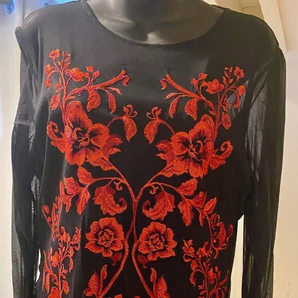 INC Exquisite Red Floral Embroidery Black Sheer Top Size PXL - Picture 2 of 8